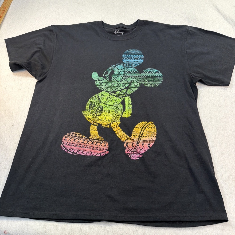 Disney T-Shirt Mens X Large Mickey Mouse Rainbow Graphic Black Short Sleeve